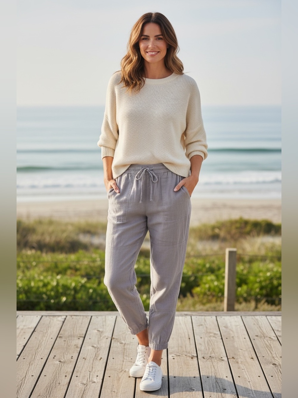 Calvin Klein Coastal Grandma Cottagecore  Linen Blend Gray Drawstring Jogger